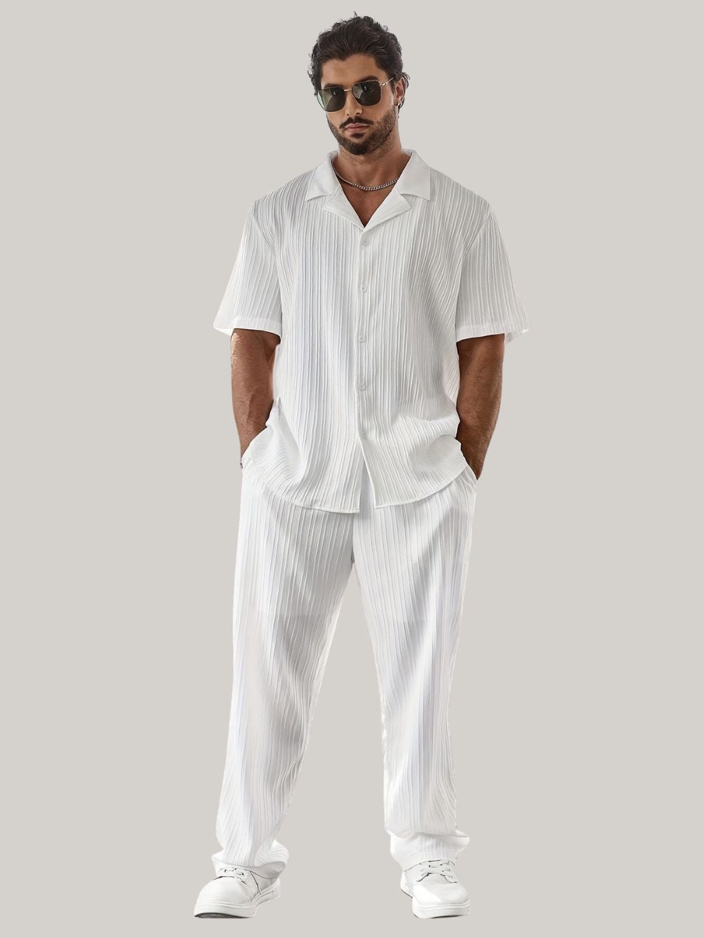Men's Casual Summer Set – Solid Colour Shirt & Pants