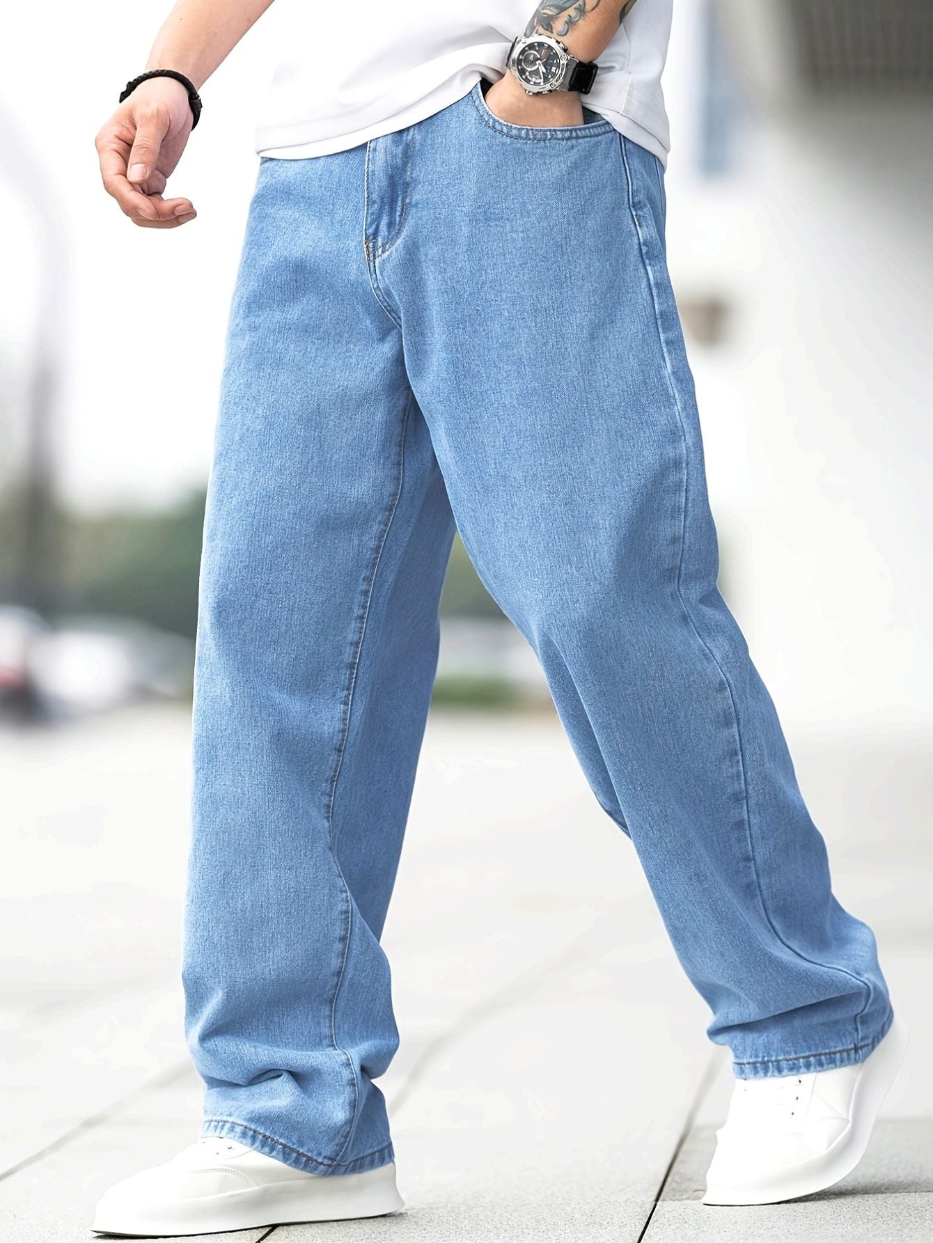 Men's Casual Wide-Leg Jeans – Light Blue Relaxed Fit