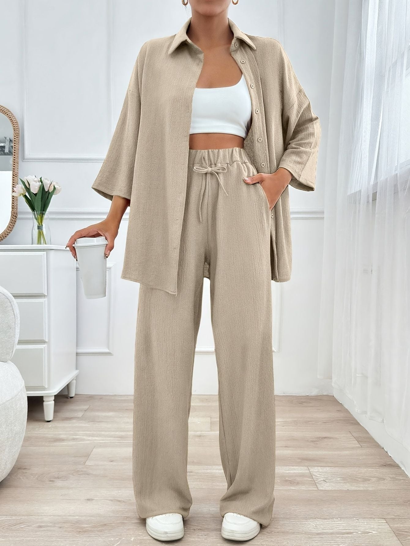 Elegant Khaki Suit with Cropped Top Set
