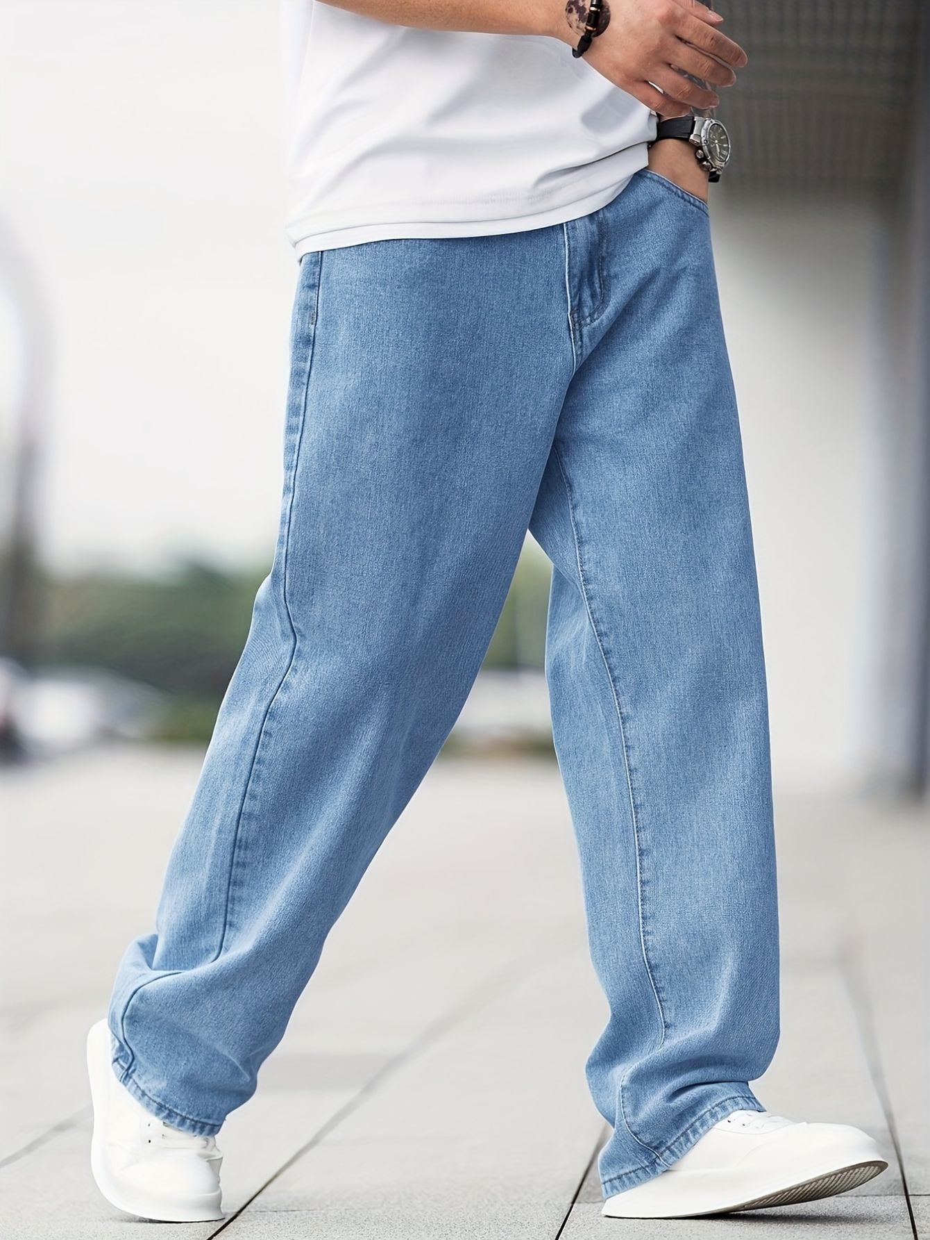 Men's Casual Wide-Leg Jeans – Light Blue Relaxed Fit